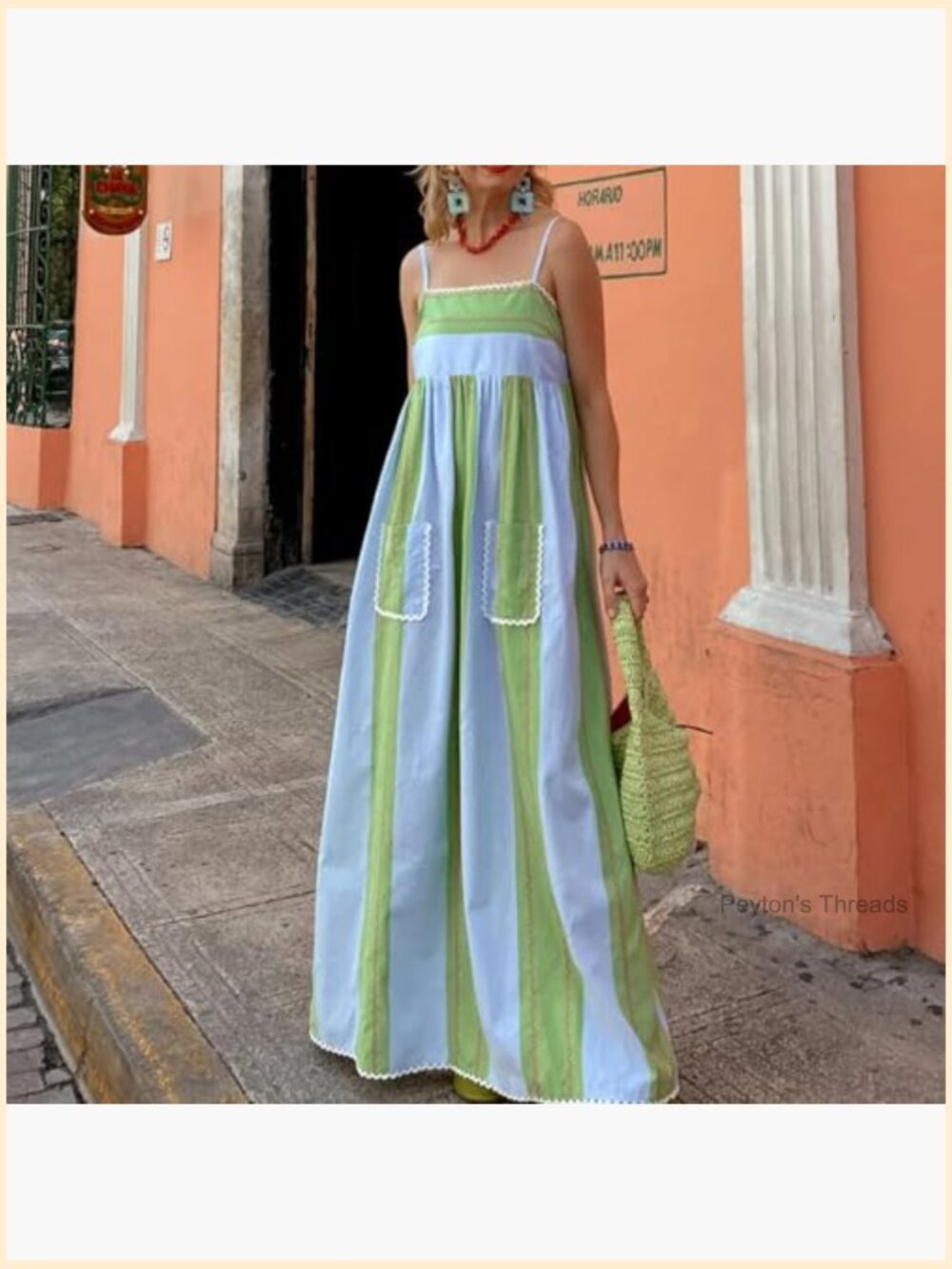 Striped Square Neck Spaghetti Strap Maxi Dress with Pockets - Picture 2 of 6